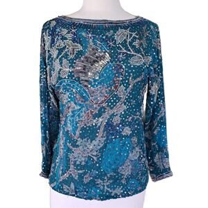 Vintage Judith Ann Silk Sequin Bead Top Floral Bird Print Teal Blue Deco Medium